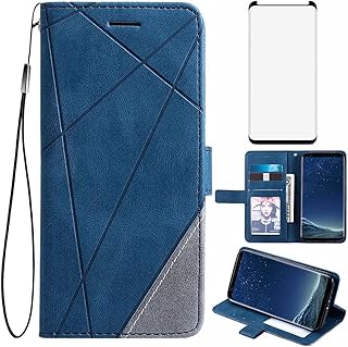 Asuwish Compatible with Samsung Galaxy S8 Wallet Case and Tempered Glass Screen Protector Leather Flip Cover Card Holder Stand Cell Phone Cases for Glaxay S 8 Gaxaly 8S Edge SM-G950U Women Men Blue
