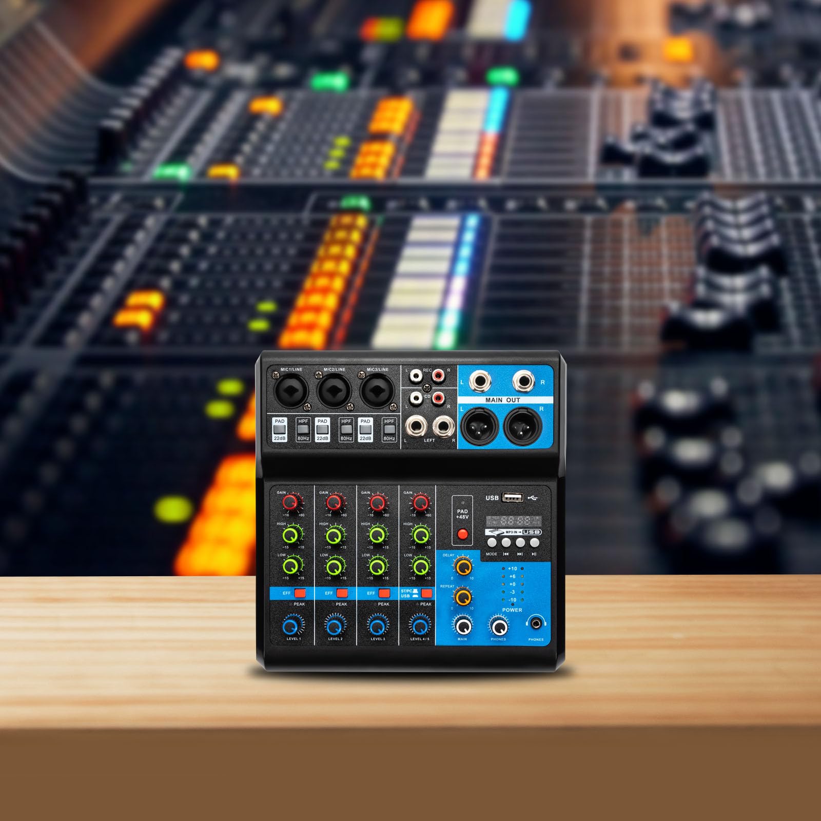 Mini console di miscelazione stereo a 5 canali, mixer con USB Bluetooth e 48 V Phantom Power, DJ Live Audio Mixer con effetto hall per karaoke Stage, Home KTV, studi di registrazione, streaming live