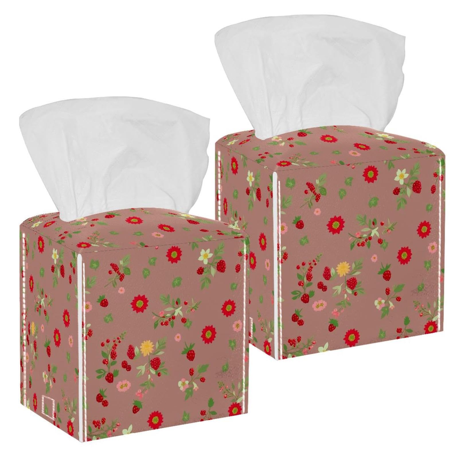 Aesthetic Flower Tissue Box Cover, 2 Pack PU Leather Square Facial Tissue Dispenser Box holder for Home Office Car