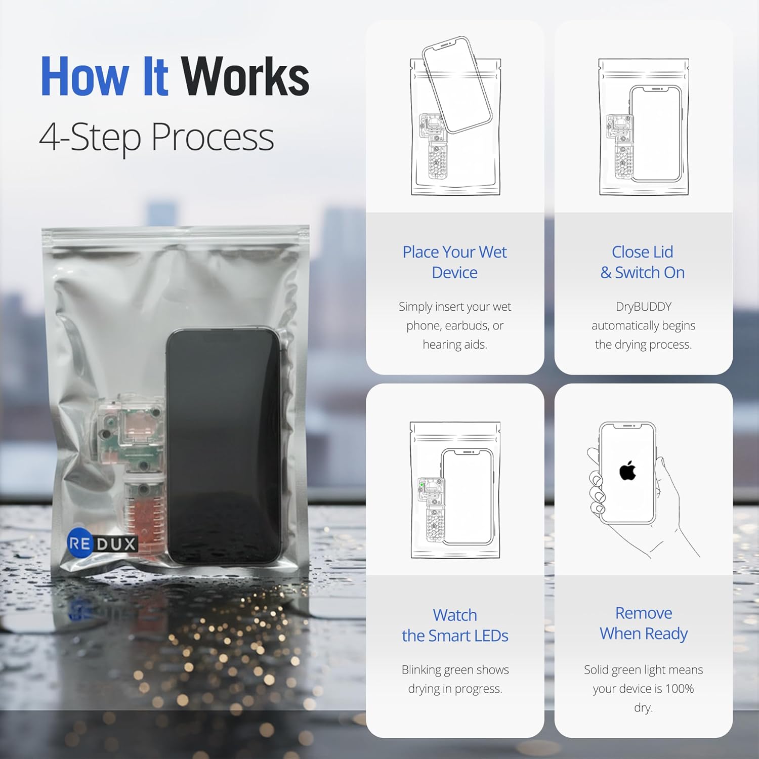 DryBUDDY Hearing Aid Dryer and Dehumidifier with Pouch - Mobile and Hearing Aid Desiccant Moisture Removal for Water Damage, Heat Free Drying for Cell Phones & Earbuds with Smart LED Indicators