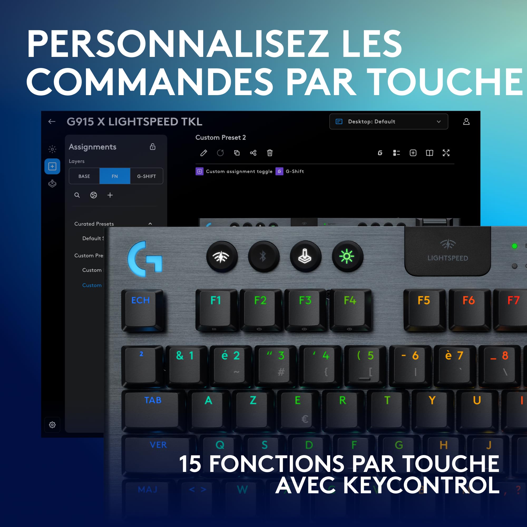Logitech G G915 X LIGHTSPEED TKL Clavier gaming sans fil ultra-plat, touches PBT double couche, touches entièrement programmables, rétroéclairage RVB, GL Brown Tactile - PC/Mac, FRA AZERTY - Noir
