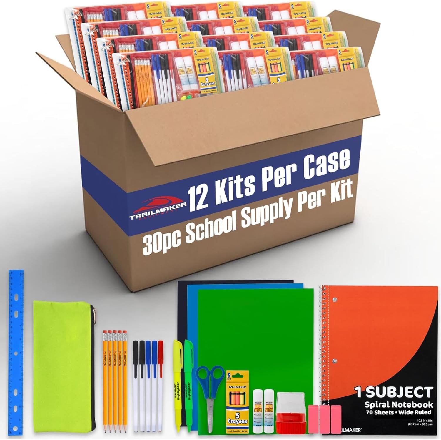 12 Pack of 30 Piece Sets Bulk School Supplies Kits for Girls, Boys Back to School Supplies Box Bundle Pack for Kids Kindergarten, Elementary Includes Notebook, Folders, Pens, Pencils, and More