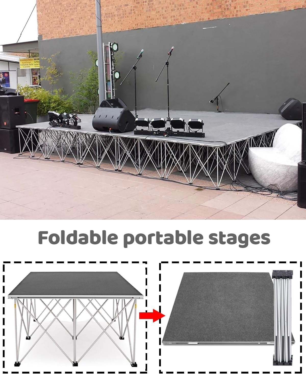 Palcoscenico portatile con gambe regolabili, design modulare per eventi all'aperto, matrimoni e spettacoli, facile installazione e trasporto, ideale per concerti e raduni