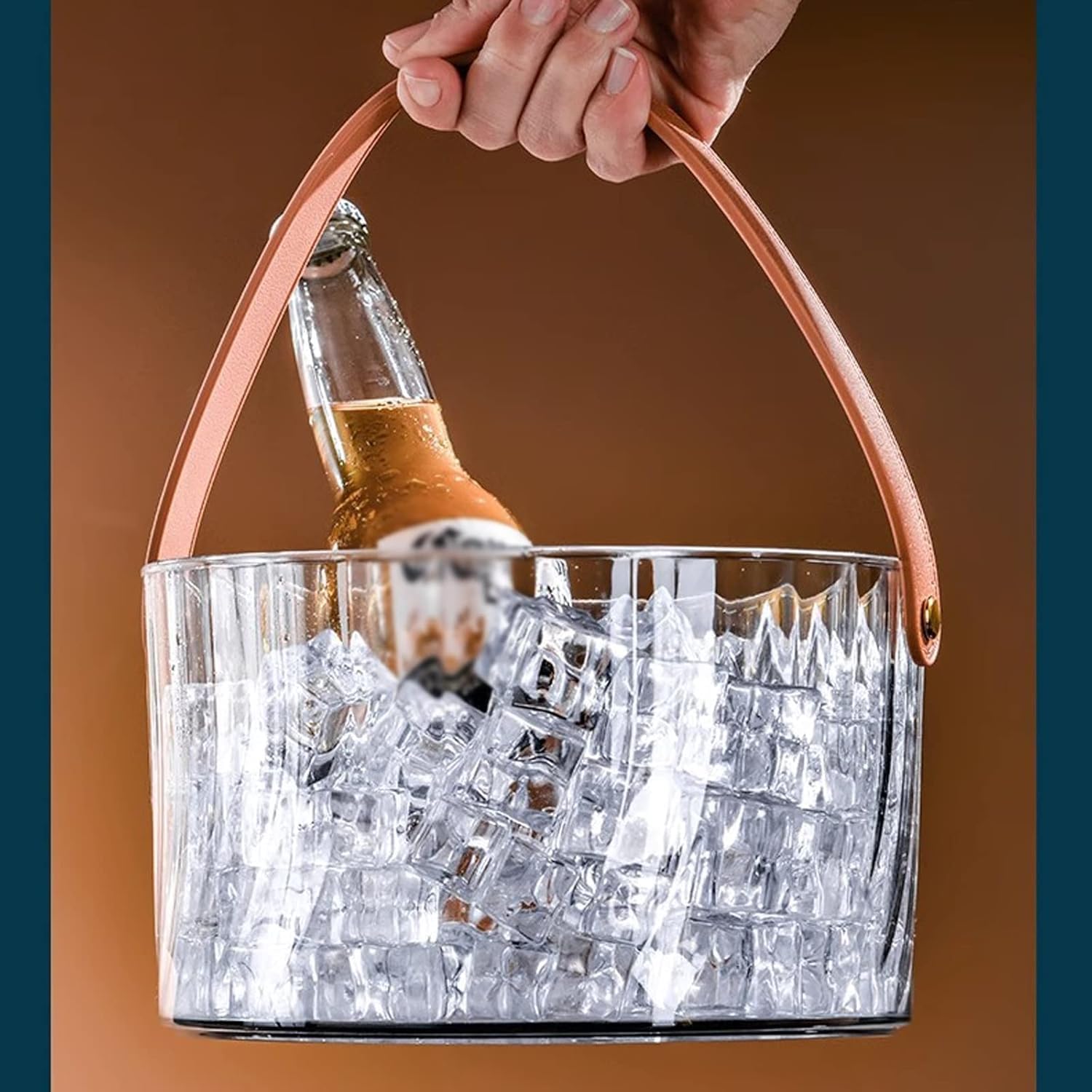 Cubitera Botella Vino Filador de Hielo acrílico Transparente Redondeo Grande Champagne Chiller con Mango de Cuero portátil Capaciente de Hielo de Botella de Vino clásico