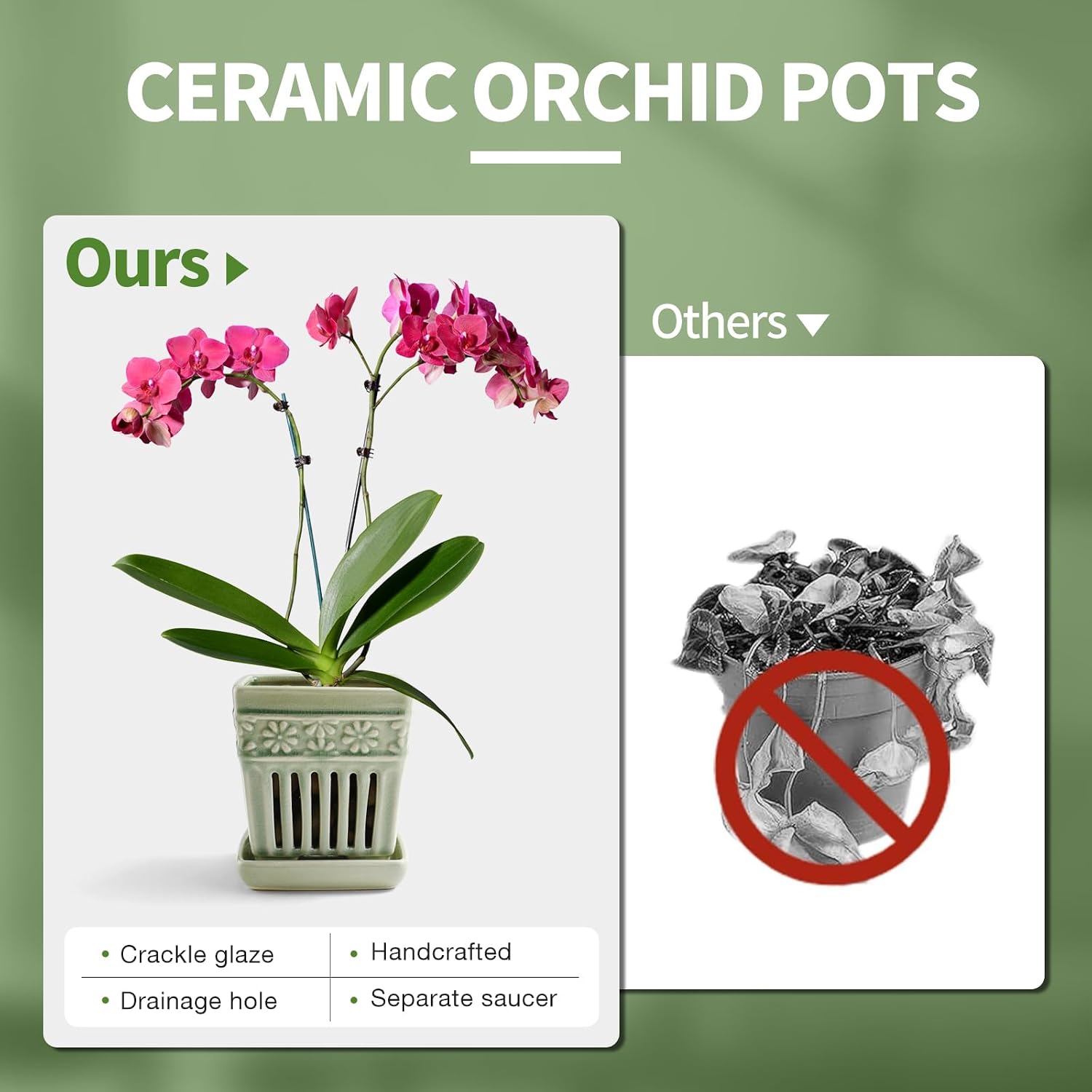 SUADEN Orchid Pots with Holes | 5" Ceramic Orchid Planter with Separate Saucer and Drainage Holes | Glazed Pottery Small Flower Pot for Repotting Orchids(Green)
