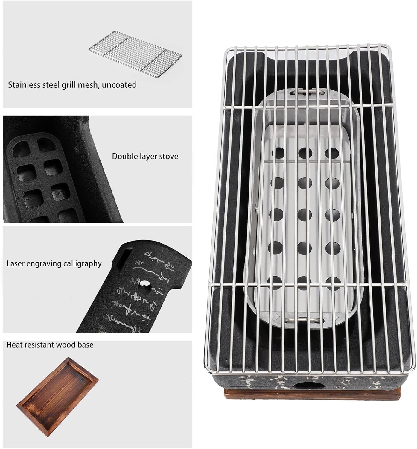Fockety Japanese BBQ Grill, Charcoal Portable Barbecue Stove, Aluminum Alloy Hibachi Grill Charcoal Stove Yakitori Grill, Rectangle Calligraphy Quick Heating Wire Grill Base for