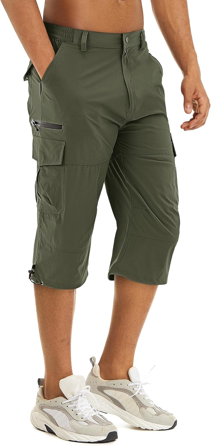 TACVASEN Men’s Capri Pants 7 Pockets 3/4 Quick Dry Water Resistant Workout Hiking Summer Long Cargo Shorts Below Knee