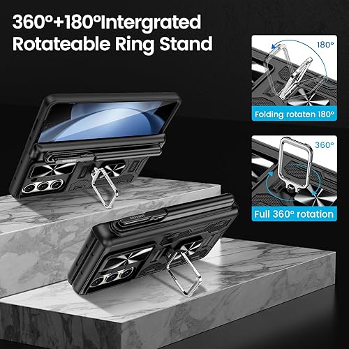 Miniatura 7 de VEGO Funda para Galaxy Z Fold 5 con soporte para S Pen (protección de bisagra), soporte magnético de anillo de 360, cubierta de cámara deslizante,