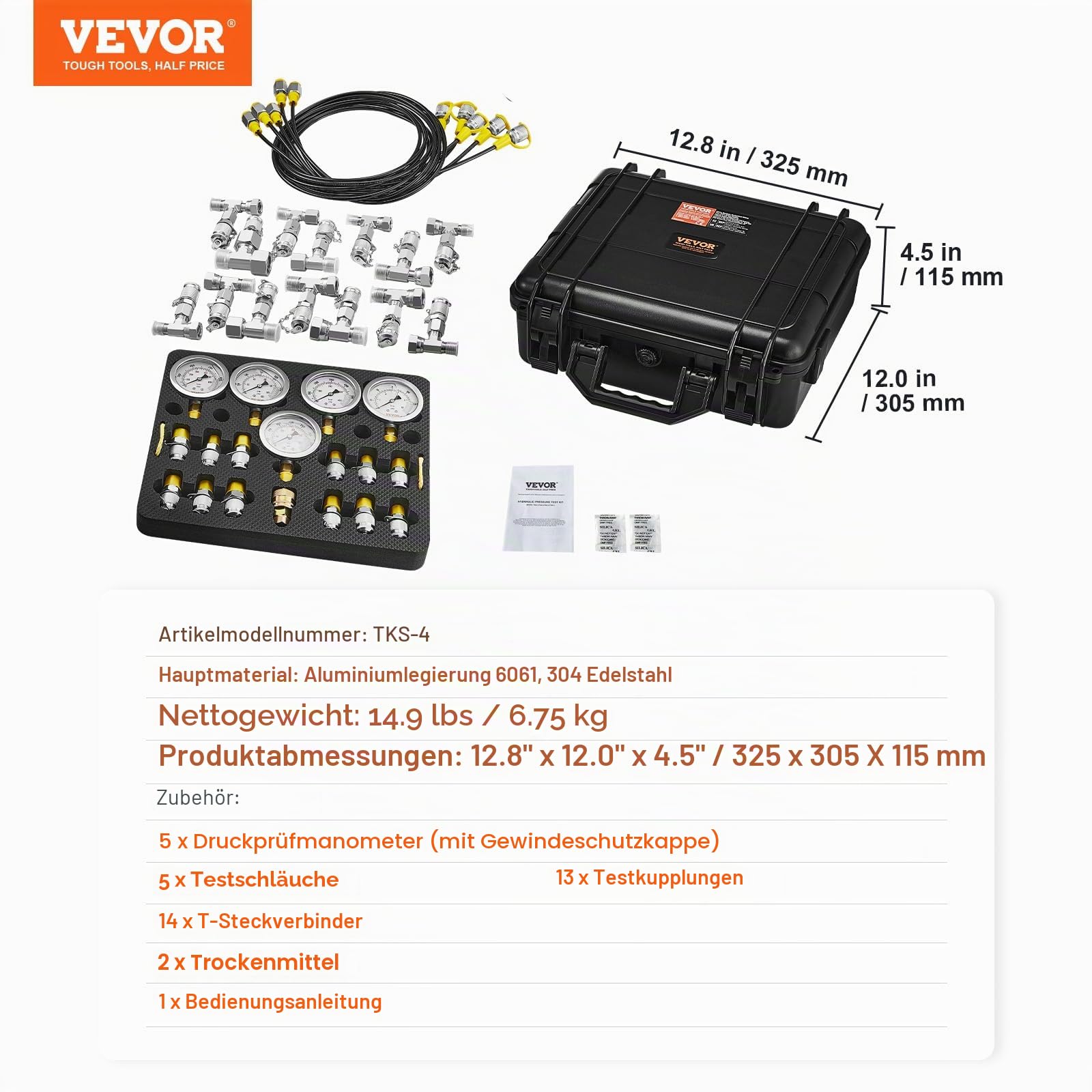 VEVOR Hydraulikdruck-Testkit, 10/100/250/400/600 bar, 5 Messgeräte, 13 Kupplungen, 14 T-Anschlüsse, 5 Testschläuche, Bagger-Hydraulik-Testmanometer-Set mit Tragetasche für Bagger-Traktoren-Maschinen