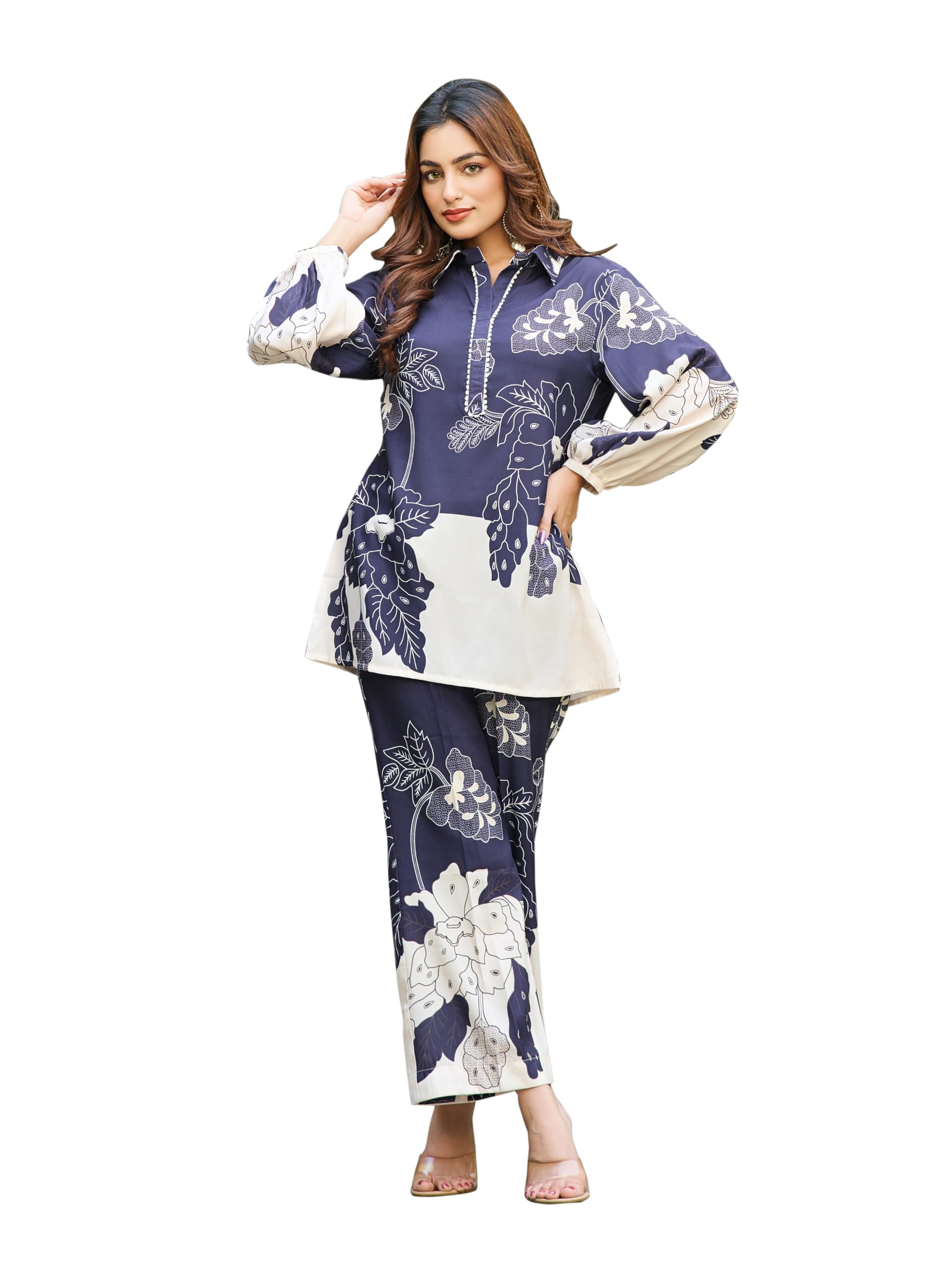 Women's Printed Silk Blend Navy Blue Shirt Trousers Co-Ords(VC_5014CO)-image-44
