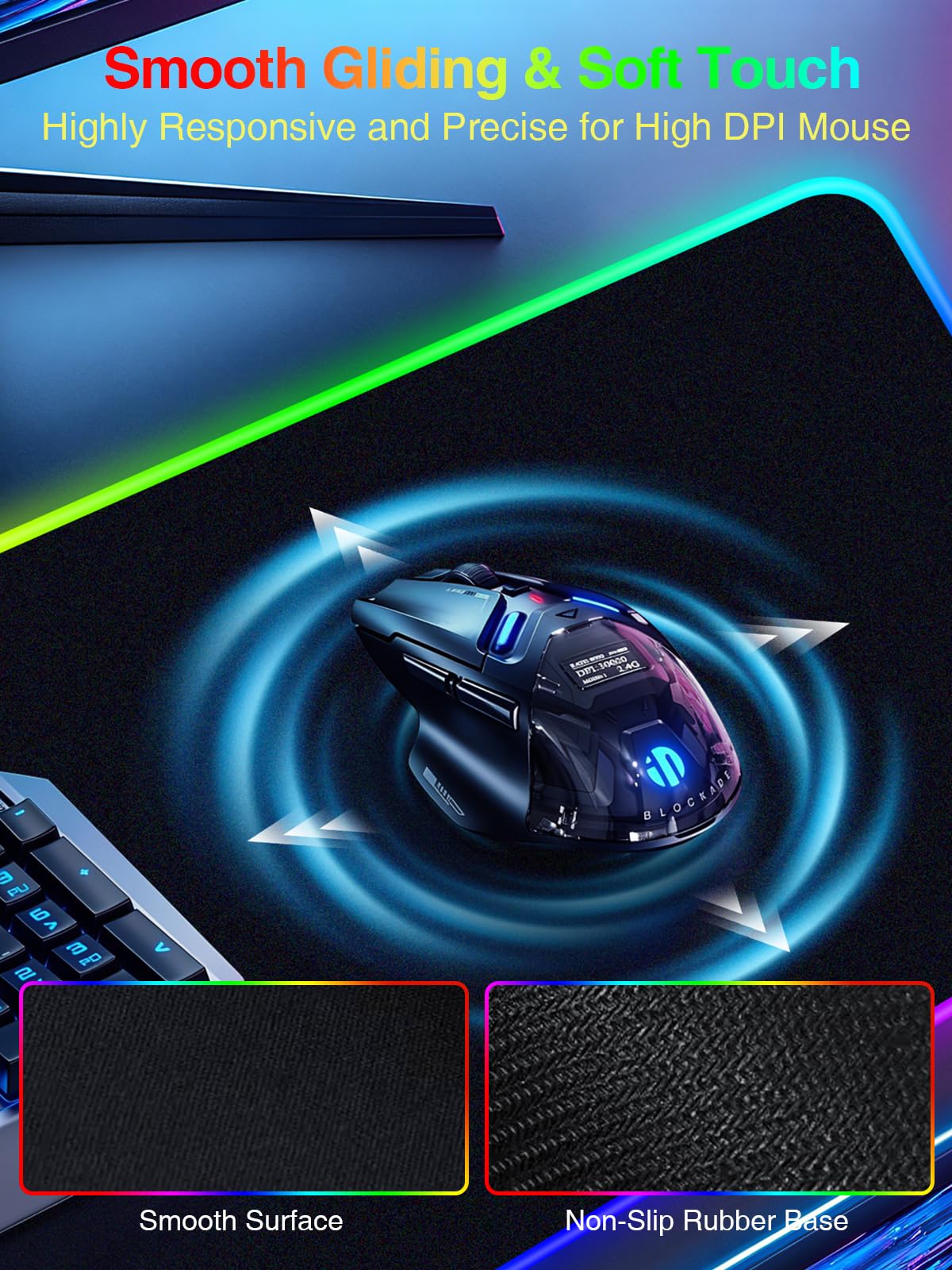 Tappetino per mouse da gioco RGB con ricarica wireless, 800 x 300 grandi, 24 effetti di luce, base antiscivolo, superficie ultra liscia impermeabile
