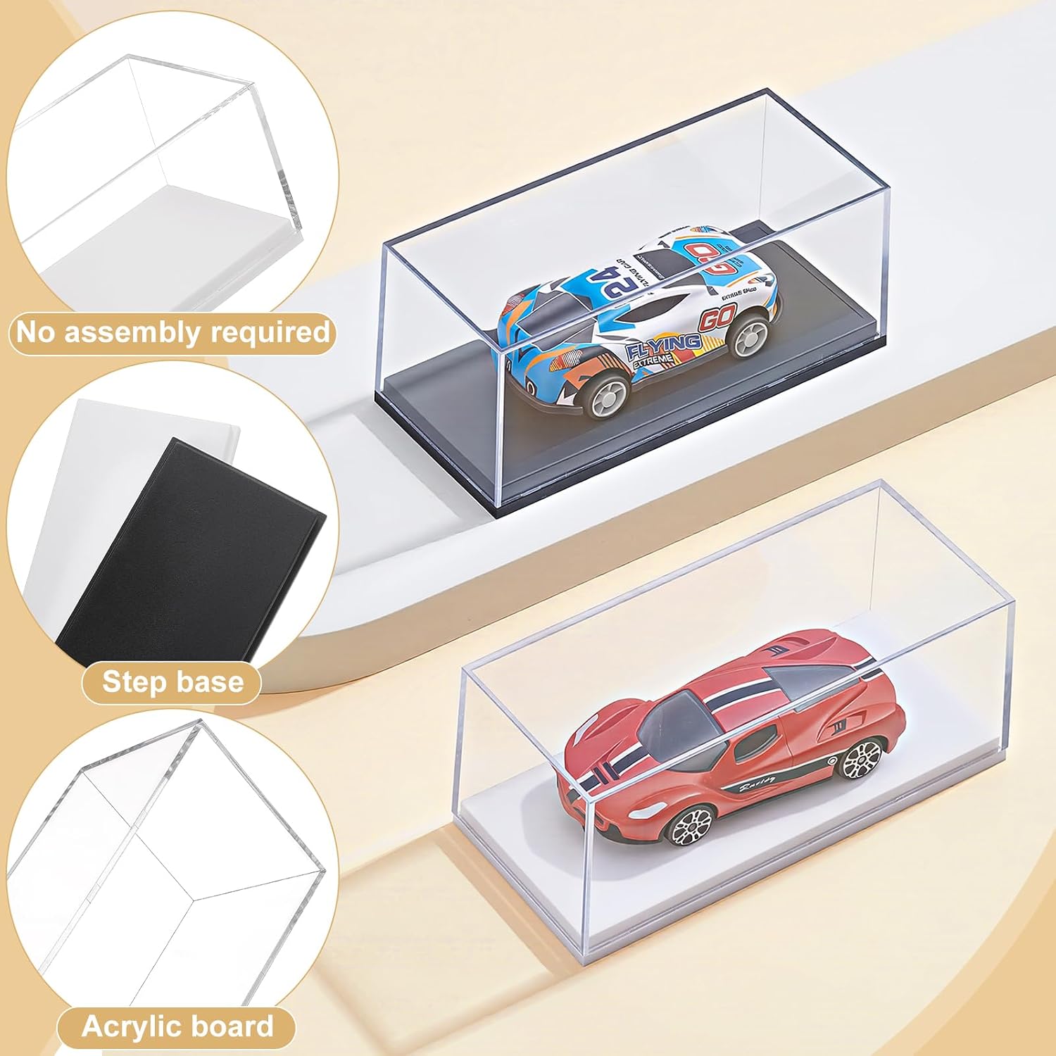 36 Pcs Clear Model Cars Display Case, 1:64 Scale Model Car Storage Case 4.15x1.85x1.69Inch Acrylic Car Display Boxes with Black and White Base