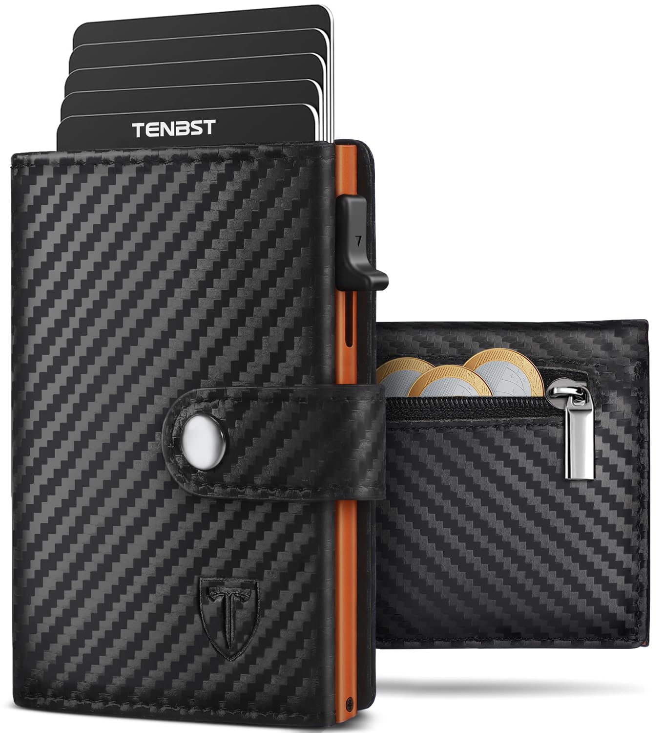 TENBST Geldbörse Herren mit Münzfach & RFID Schutz, Slim Wallet Kartenetui für 10 Kreditkarten, Portmonee Geldbeutel Herren, Kreditkartenetui Klein - Geschenke zum Vatertag (Orange- schwarz)