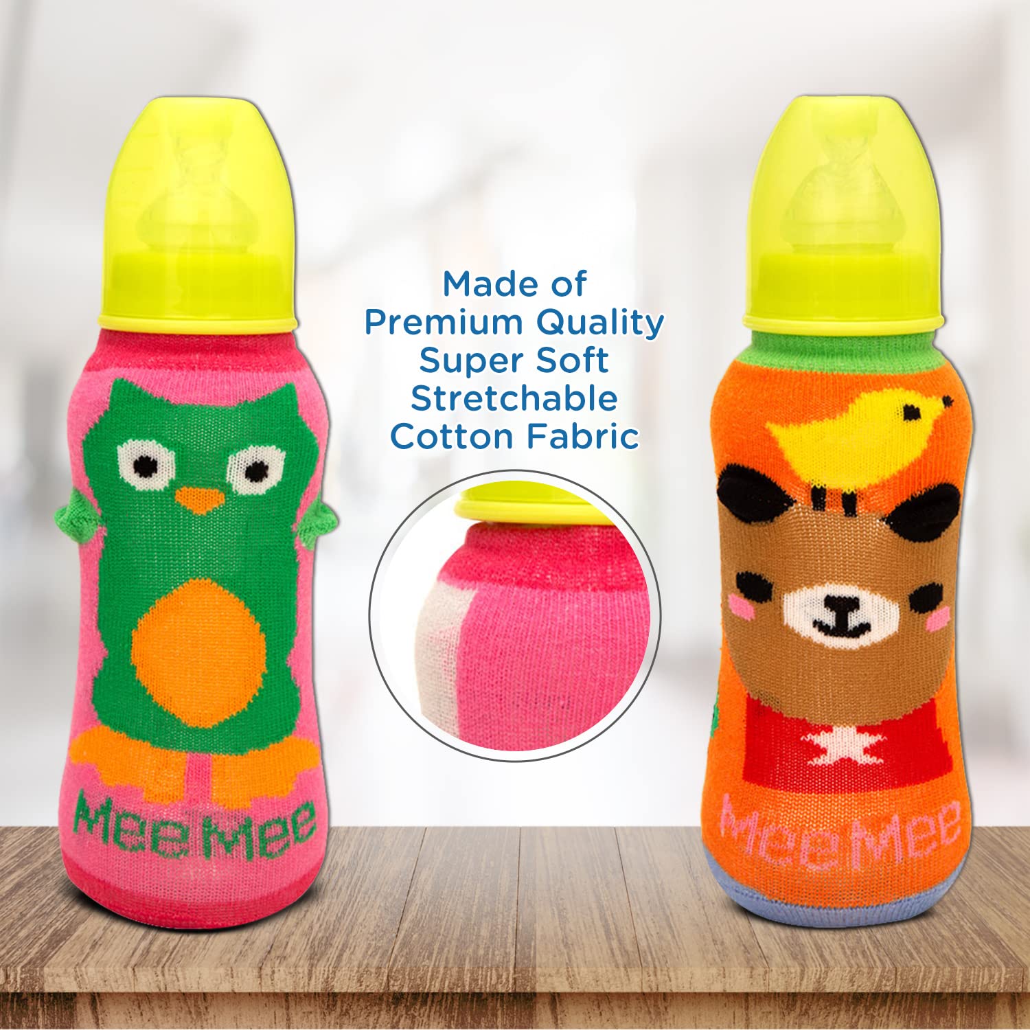 Mee Mee Soft Plush Stretchable Baby Feeding Bottle Cover with Cute Animated Overall Print (Pk-2) Multicolour - Image 3 thumbnail