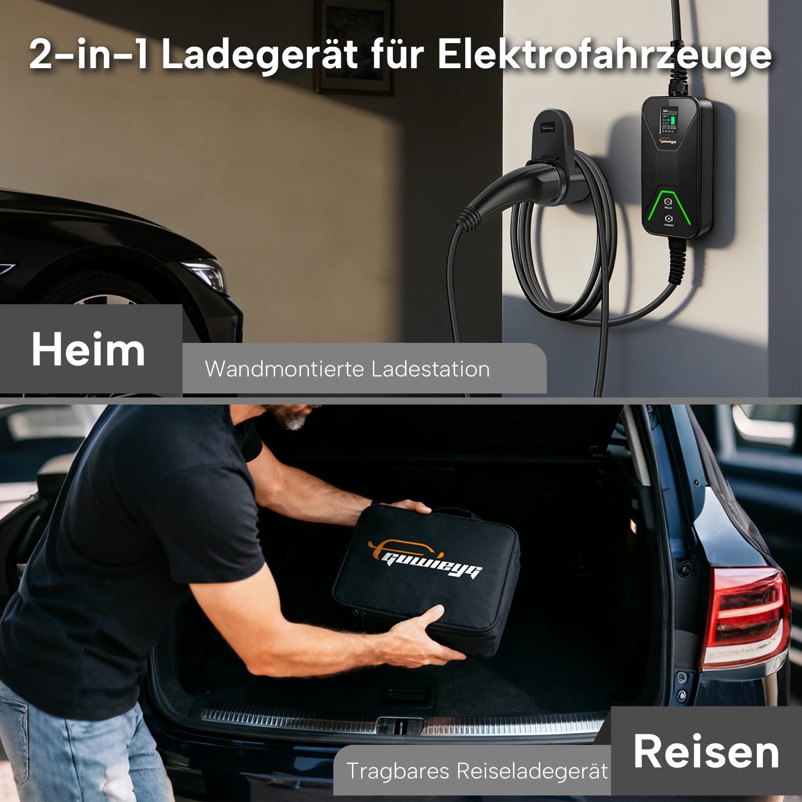 Typ 2 Ladekabel Schuko 3.5kW 16A für PHEV/EV, 8m | 8/10/13/16A Einstellbarer Strom, mit Digitalanzeige, 6h Verzögerungstimer, IP66, Tragetasche und Mikrofasertuch
