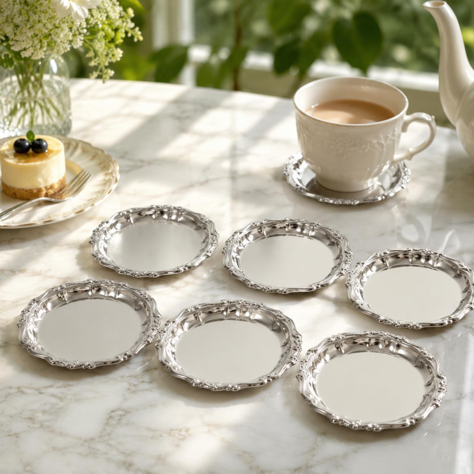 perfk Plato Circular Acero Inoxidable para Posavasos con Bor corativo Banja Metálica Elegante Resistente al Óxido para Servir Café Té O Chocolate Caliente, style to 1