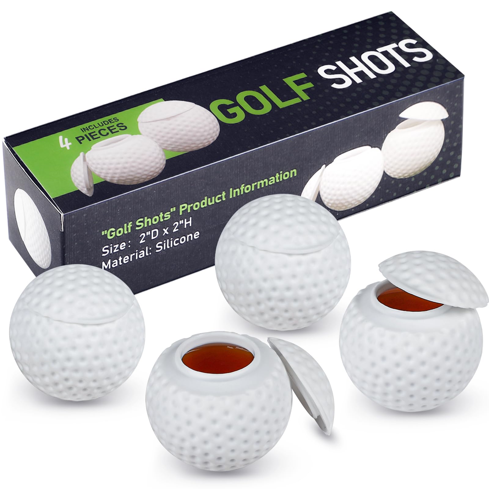 KOLUTI 4 Pack Silicone 1.5oz Golf Ball Shot Glasses, Small Funny Juice Drinking Golf Ball Shaped Shot Glass with Lid, Golf Birthday Festival Themed Gifts Set for Men Golfers, White