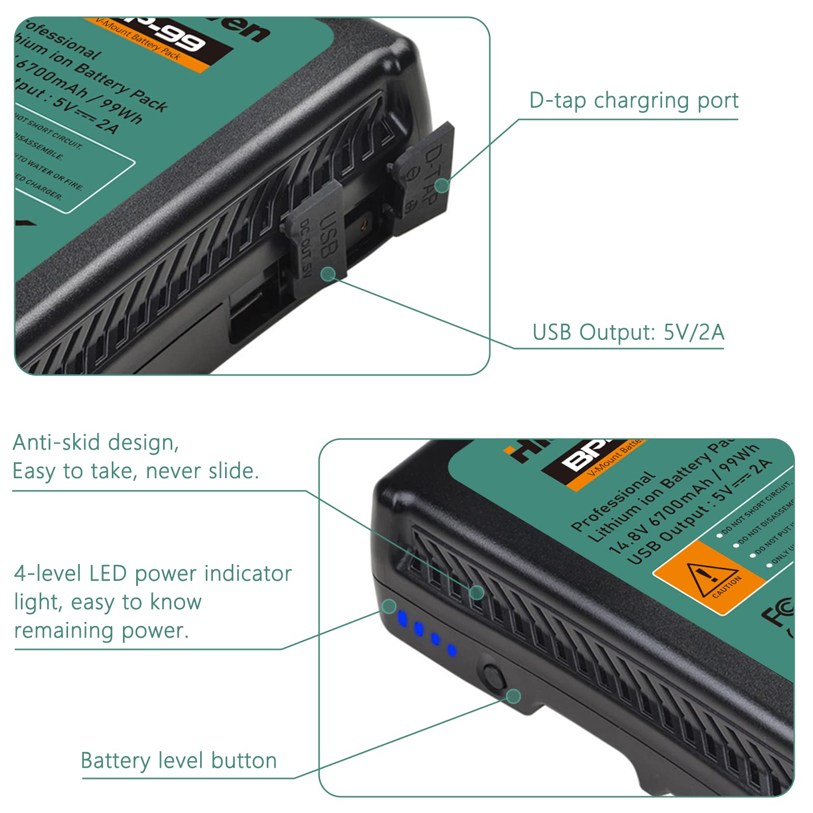 Batteria BP-99 V Mount 6700 mAh 99 Wh 14,8 V V-Lock e caricatore D-Tap per videocamera, monitor, videocamera, produzione di film
