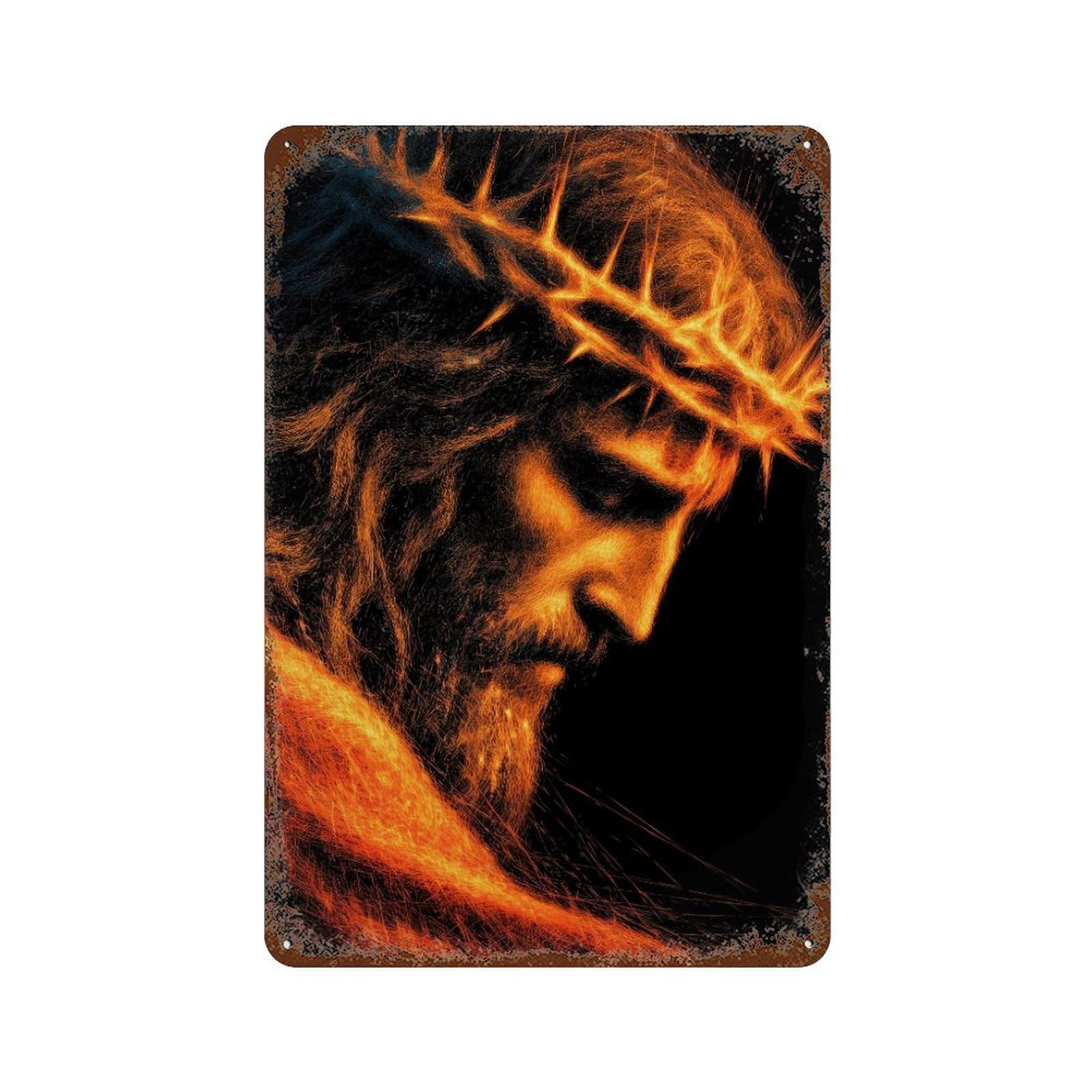 Flaming Crown of Thorns Artwork Rusty Metal Tin Sign 11.8"x7.9", Old School Wall Decor for Garage, Pub Or Kitchen