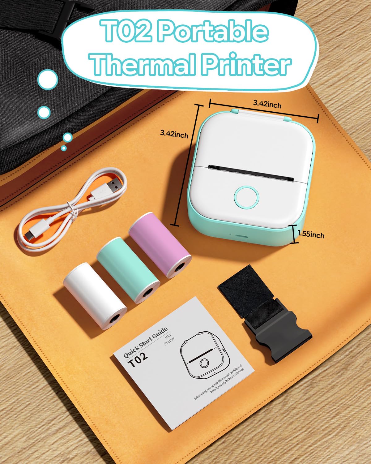 T02 Imprimante Thermique,Mini Imprimante Portable,imprimante Sans Encre Mini Pour iPhone&Android,Adaptée À L’Impression De Diagrammes Squelettiques/Formules Mathématiques/Mots Anglais,3 Rouleau,Vert