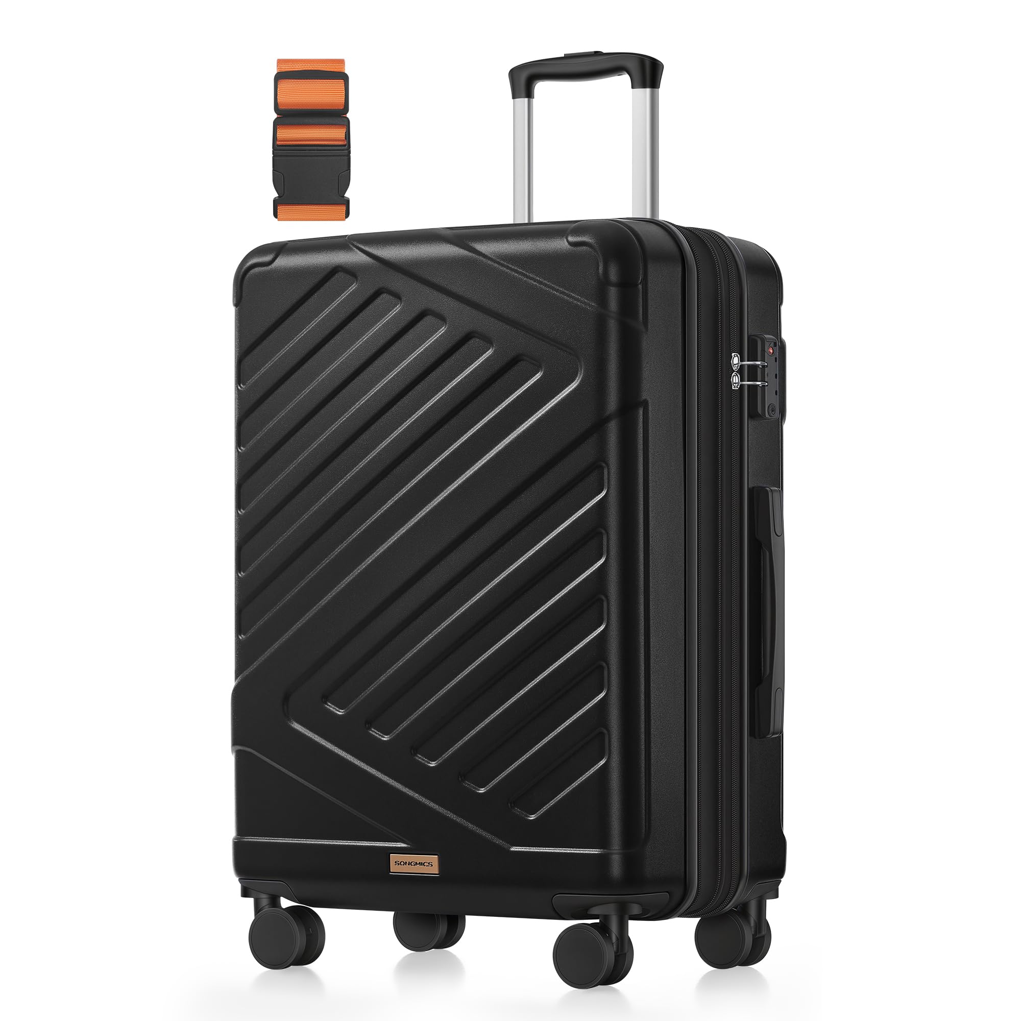 SONGMICS Walizka z twardą obudową, wózek bagażowy ABS z zamkiem TSA, 4 podwójne kółka obrotowe, walizka podróżna z paskiem, średnia walizka 65 cm, możliwość rozbudowy, czarny atrament RLP002B101