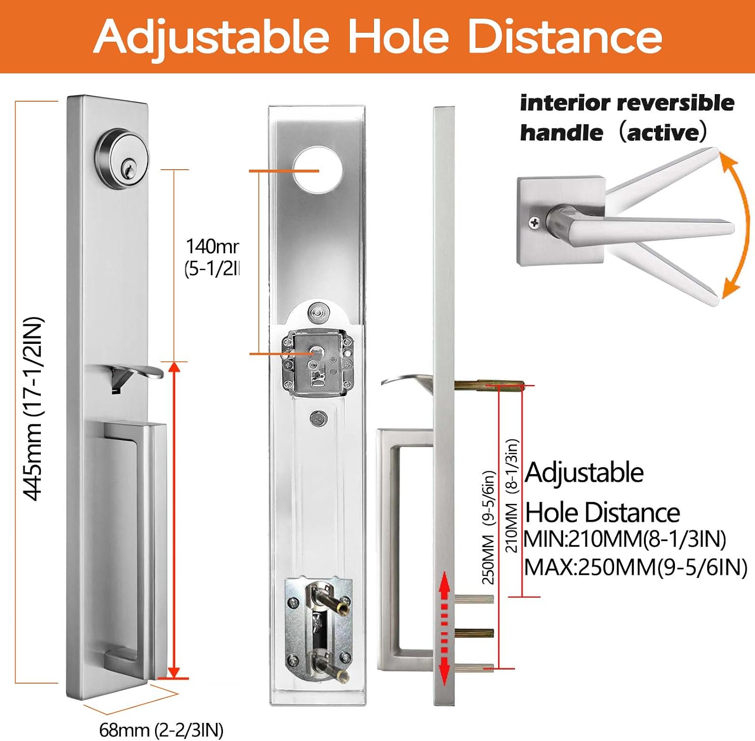 Heavy Duty Single Door Handleset in Brushed Nickel Finish,Resersible for Both Left and Right Handed,USMDHST2016SN