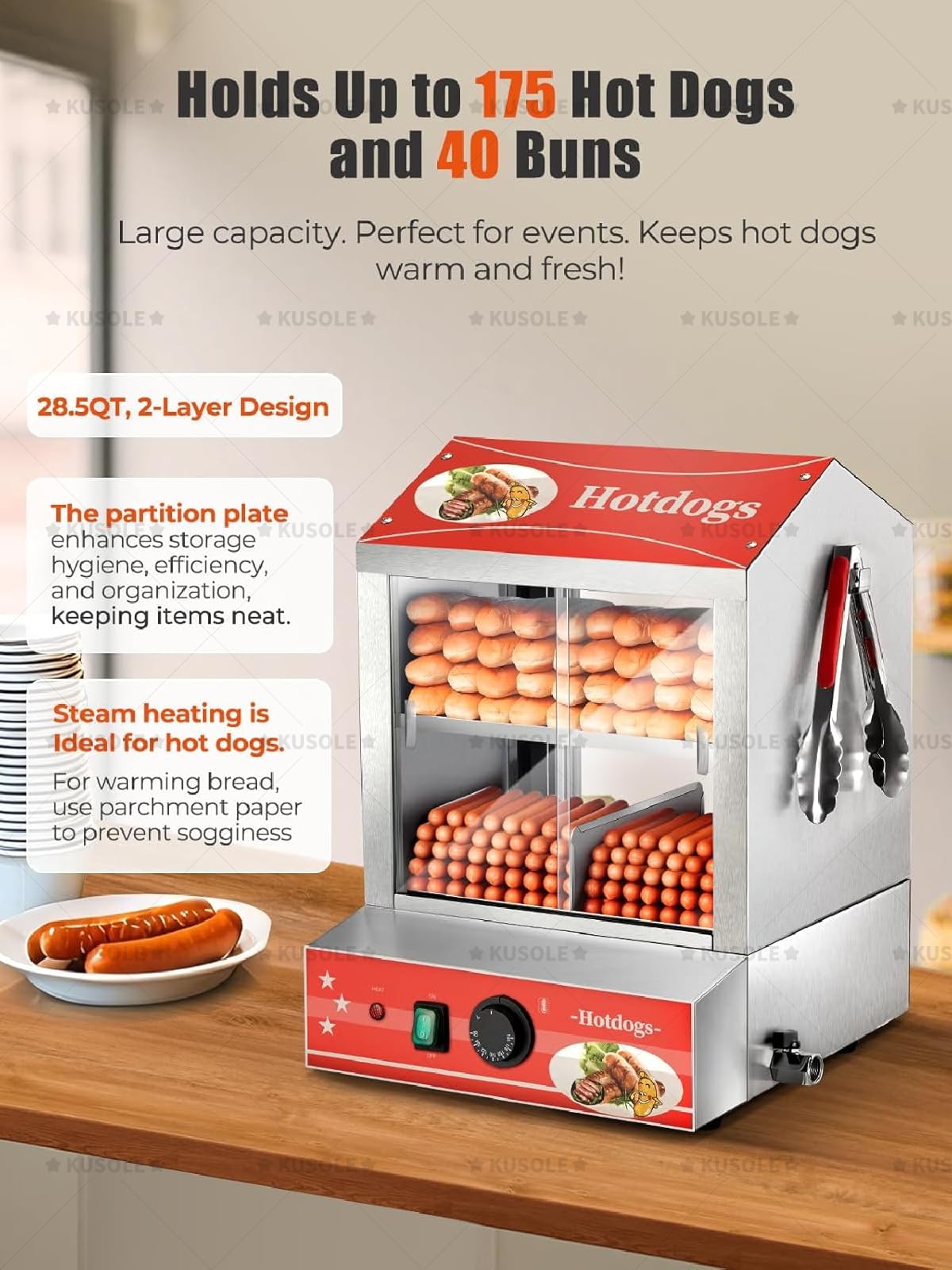 Ta 27-litrowa parowarka do hot dogów może jednocześnie ugotować 175 hot dogów i 40 bułek. Posiada dwuwarstwową konstrukcję z wyjmowaną półką i klipsami do żywności. 110V