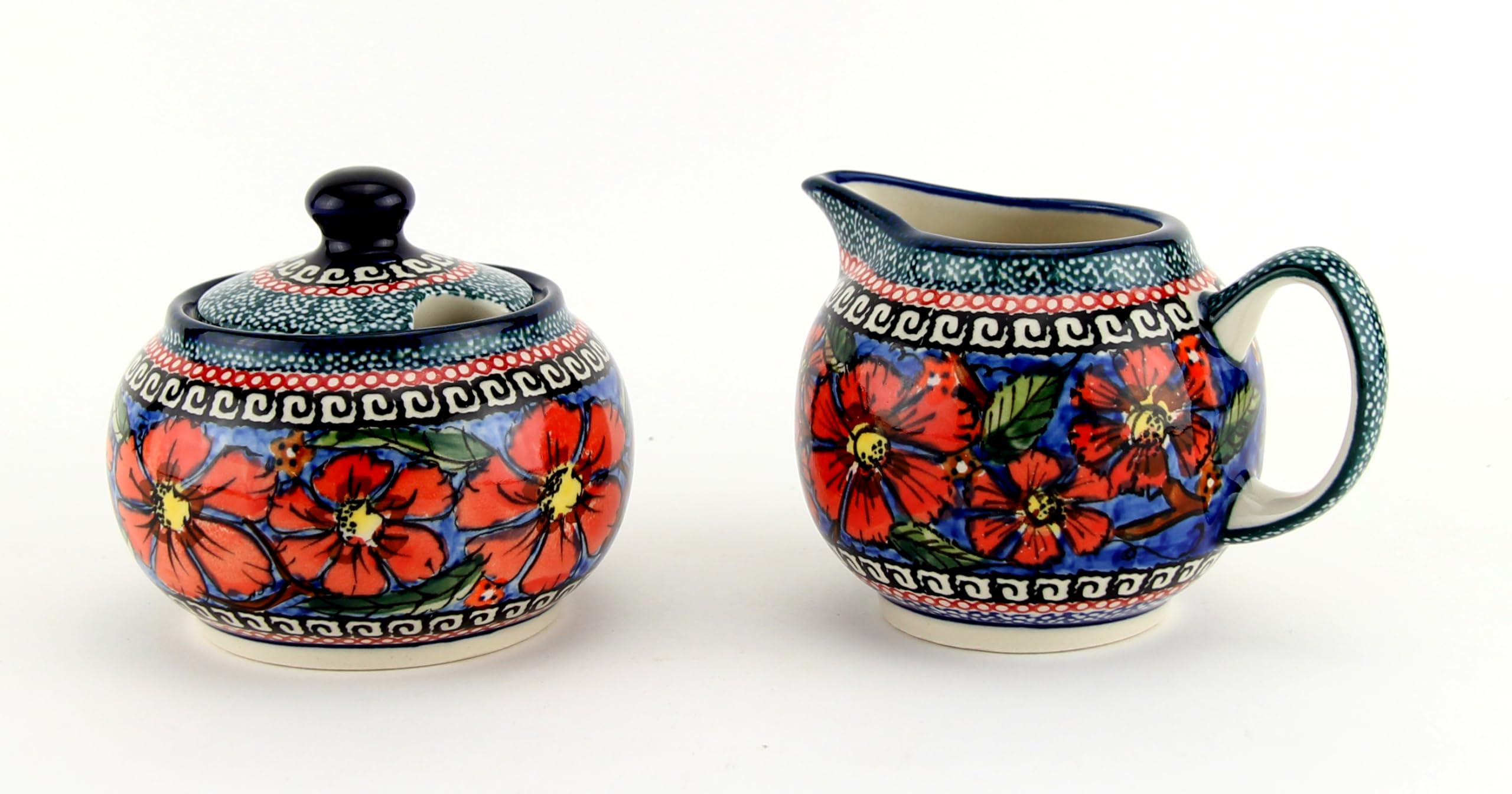 Sugar Bowl and Creamer Set in Polish Pottery Poppies Polish Pottery Unikat Pattern painted by Tomaszewska