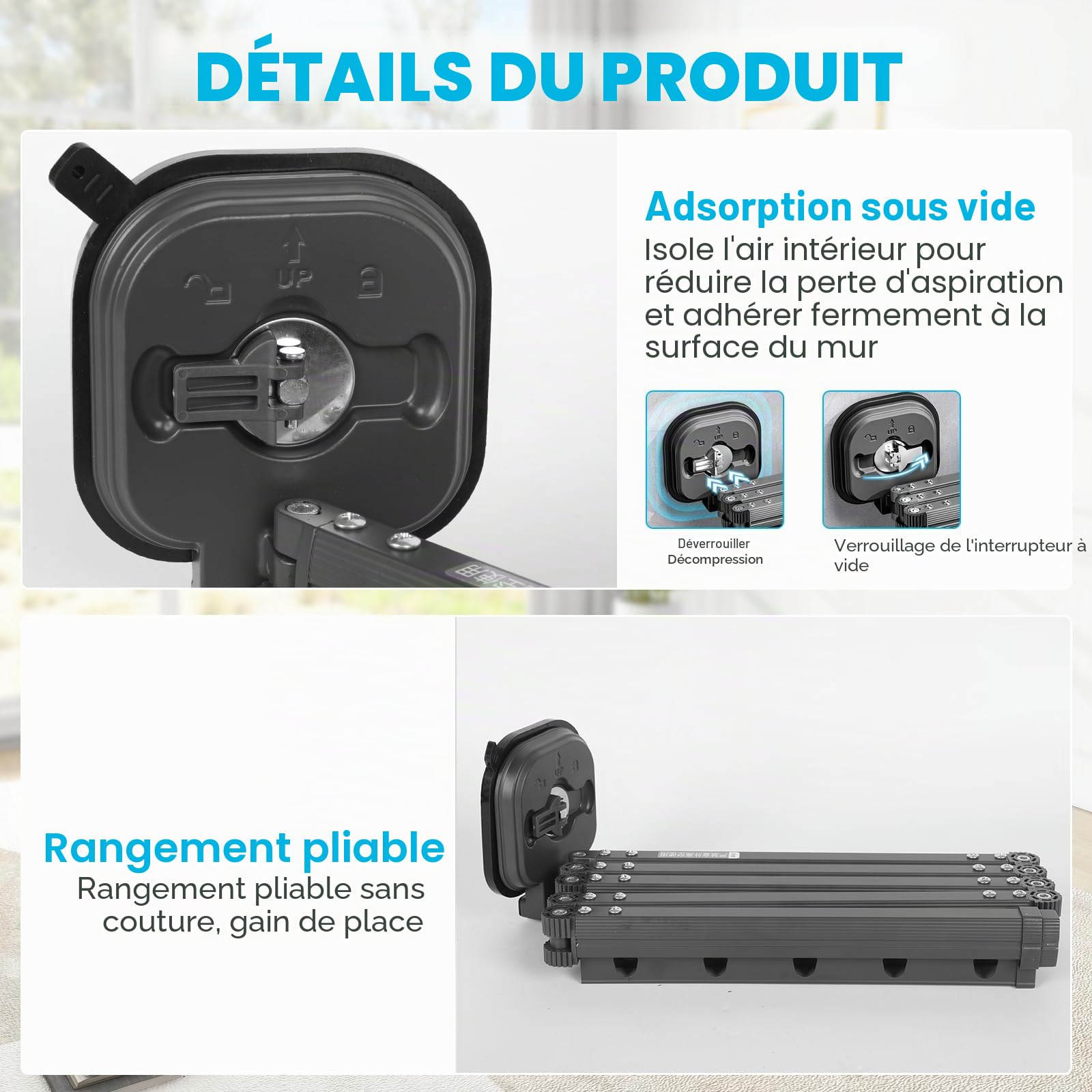 Tringle à rideau de douche pliable avec ventouse, sans perçage, étanche, montage mural, en forme de L/U, pour coin / baignoire (noir, 5 segments)