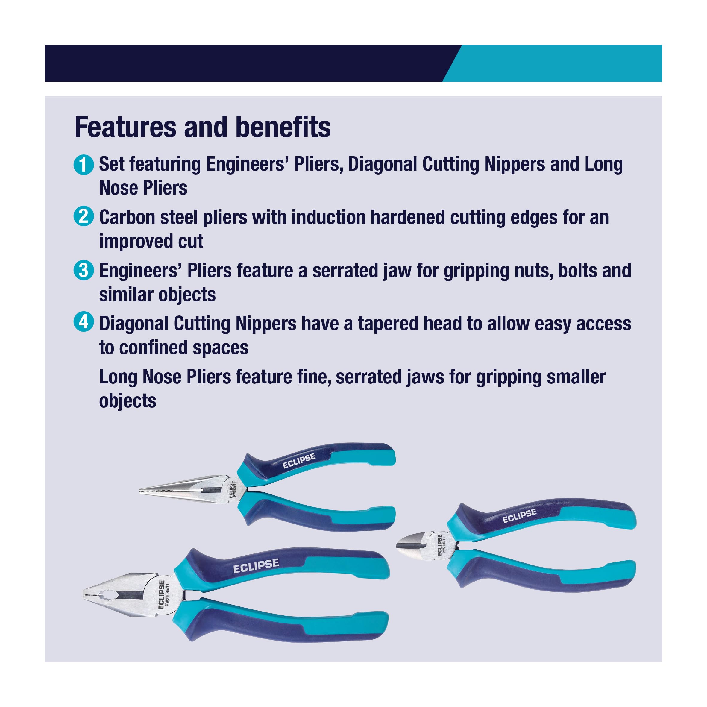 Eclipse Professional Tools 3-częściowy zestaw szczypiec 15 cm – cięcie, chwytanie i skręcanie średniego/twardego drutu, długie szczypce ukośne i kombinowane, z krawędziami hartowanymi indukcyjnie i