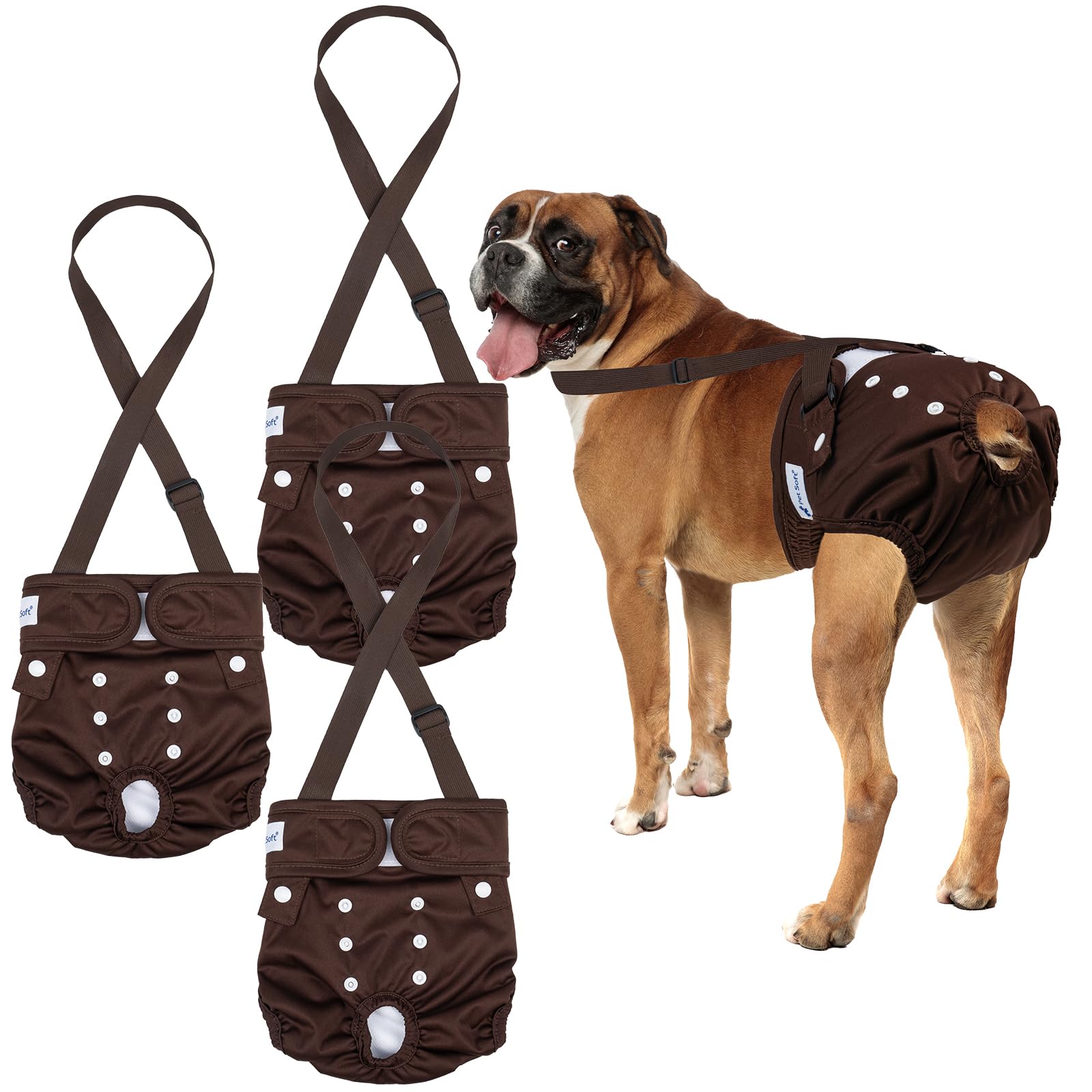 Pet Soft Dog Diapers Female with Suspenders, 3 Pack Reusable Female Dog Diapers for Heat, Dog Period Panties for Doggie in Cycle(X-Large, Bear Brown)