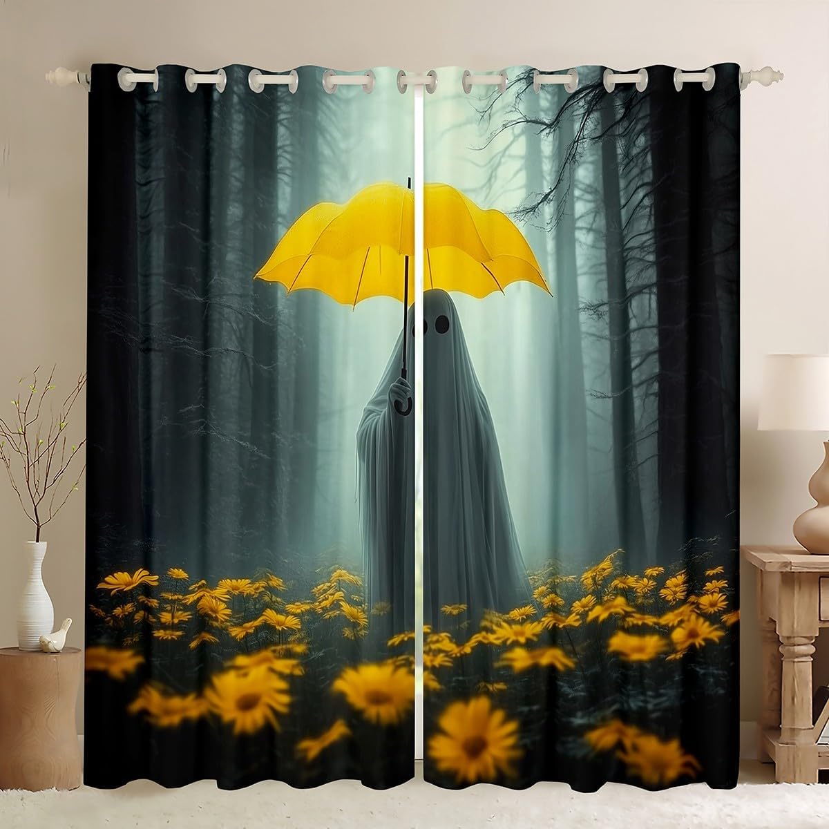Rustic Jungle Daisy Curtains,Kids Aults Teens Room Decor Gothic Ghost Umbrella Wild Trees Window Treatment Curtain,Outdoor Adventure Halloween Theme Window Drapes,Top 2 Panel,52Wx90L