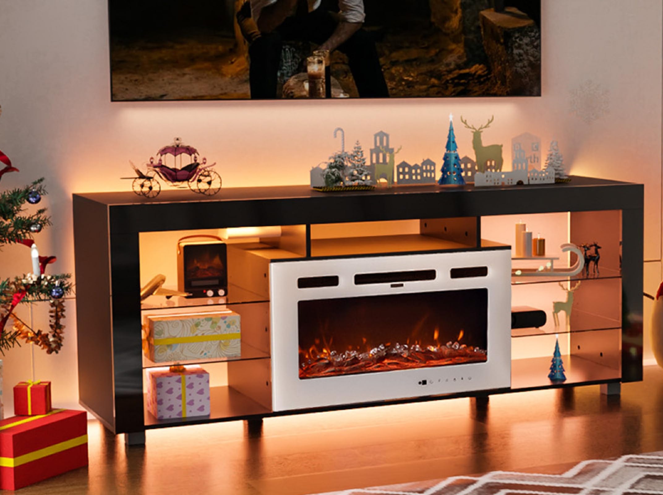 ((incomplete)) VINGLI Fireplace TV Stand with LED Lights for TVs Up to 75 Inch, High Gloss Modern Entertainment Center with 30'' Electric Fireplace Insert (Black & White, 66'' x 19'' x 27'')