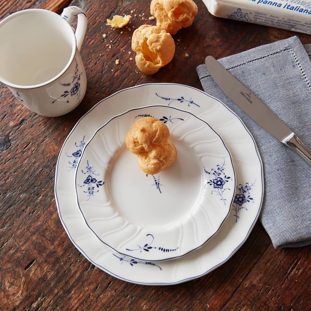 Villeroy & Boch Vieux Luxembourg Service à café 18 pièces pour 6 personnes, relief en filigrane, porcelaine de qualité supérieure, passe au lave-vaisselle et au micro-ondes, blanc/bleu