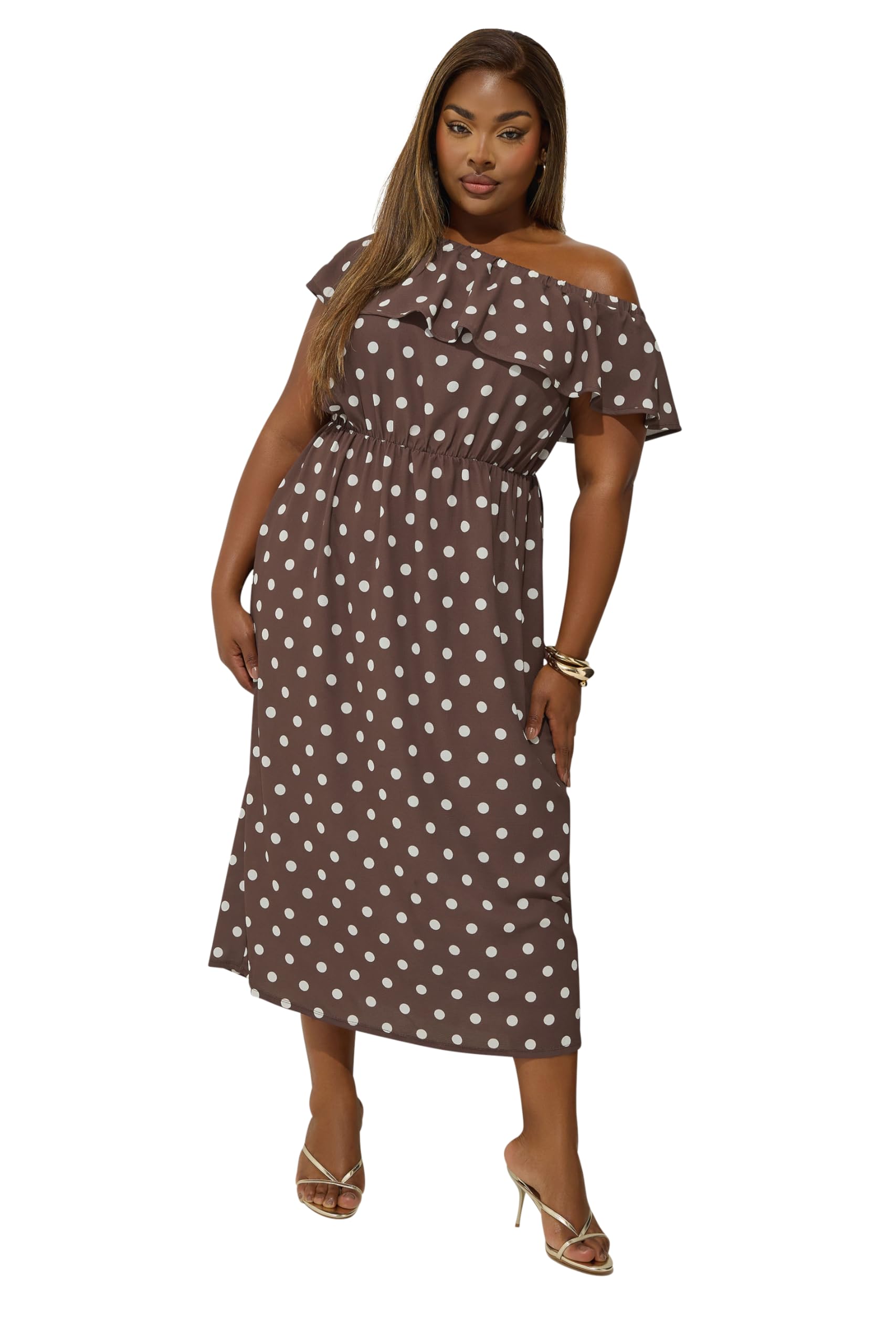 Yours Limited Collection Curve Polka Dot Frill Dress - Women's - Plus Size Curve Brown