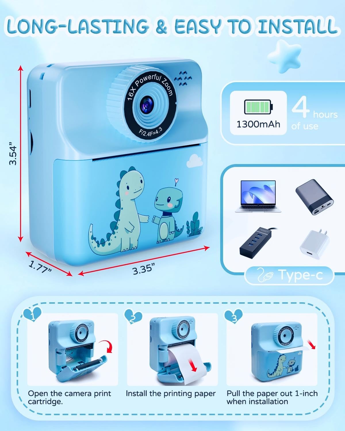 Kids Instant Print Camera, Dual-Lens Digital Video Camera with 32GB SD Card, 5-Color Paper, Portable Carry Case, Christmas Birthday Gift for Boys Girls Ages 3-12