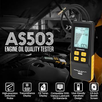 AS503 Engine Oil Tester - Optical Transmittance Analyzer for Gasoline & Diesel, 31.5-inch Flexible Probe, 2.8-inch Backlit LCD, Oil Temperature Gauge in C/F