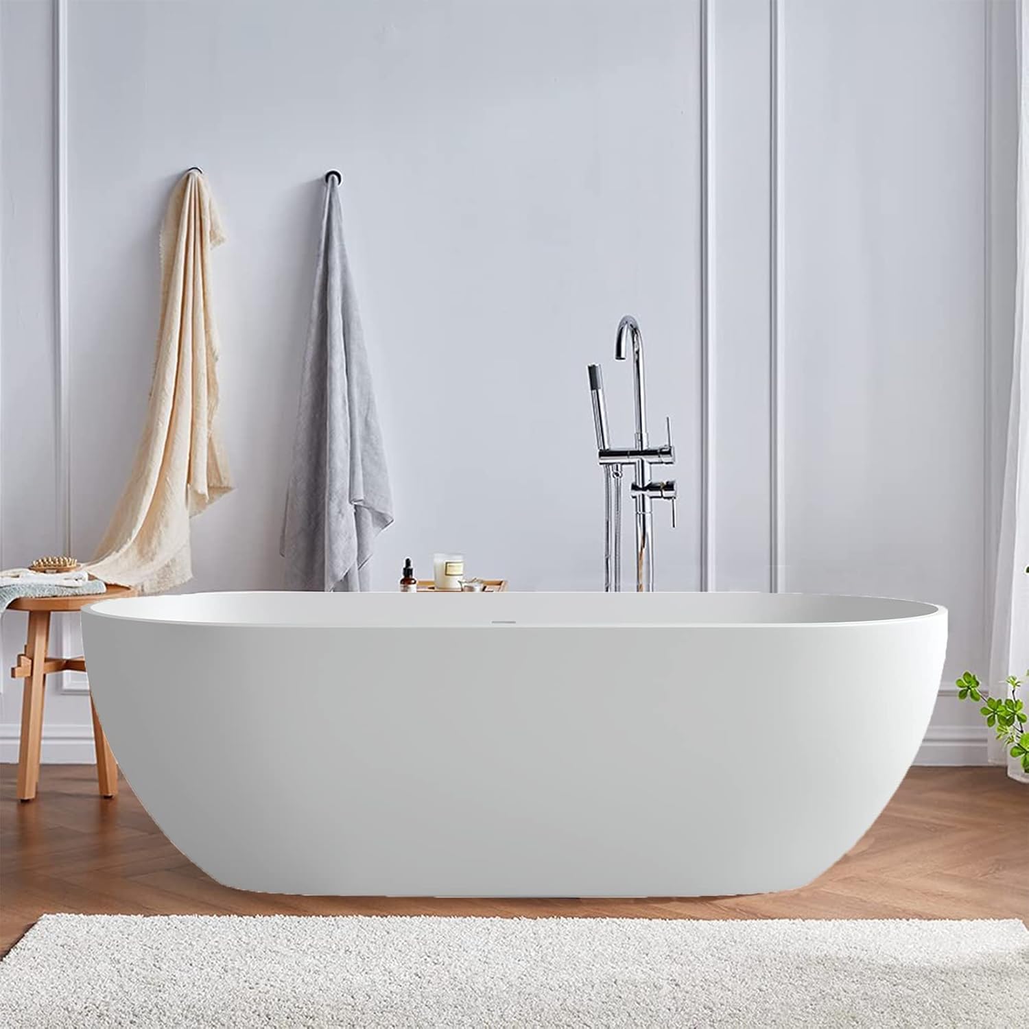 59" Freestanding Bathtub, Oval Shaped Stone Resin Freestanding Tubs
