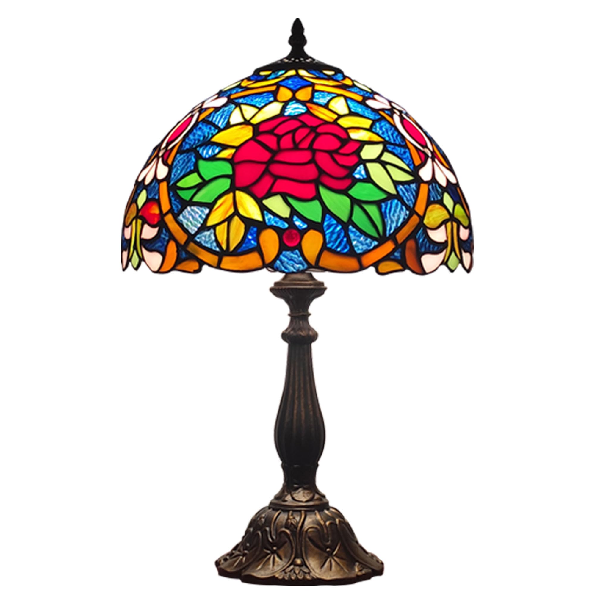 tiffany 3-color stained glass lamp - vintage beside reading lamp, 12 inch living room light, flowers style antique nightstand light (red roses heart)
