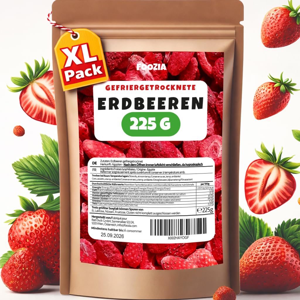 Erdbeeren gefriergetrocknet 225g Scheiben, Natürliche Getrocknete Erdbeere Ohne Zusätze 100% Pur - Gefriergetrocknete Früchte Snack - Gefriergetrocknete Trockenfrüchte von Foozia