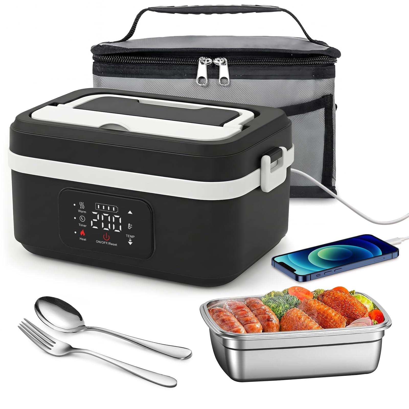 Scaldavivande Elettrico Portatile, Scaldavivande a Batteria Ricaricabile 1L Lunch Box Elettrico, Scalda Vivande per Adulti in Acciaio Inossidabile, Scaldavivande USB con Stoviglie e Borsa Termica