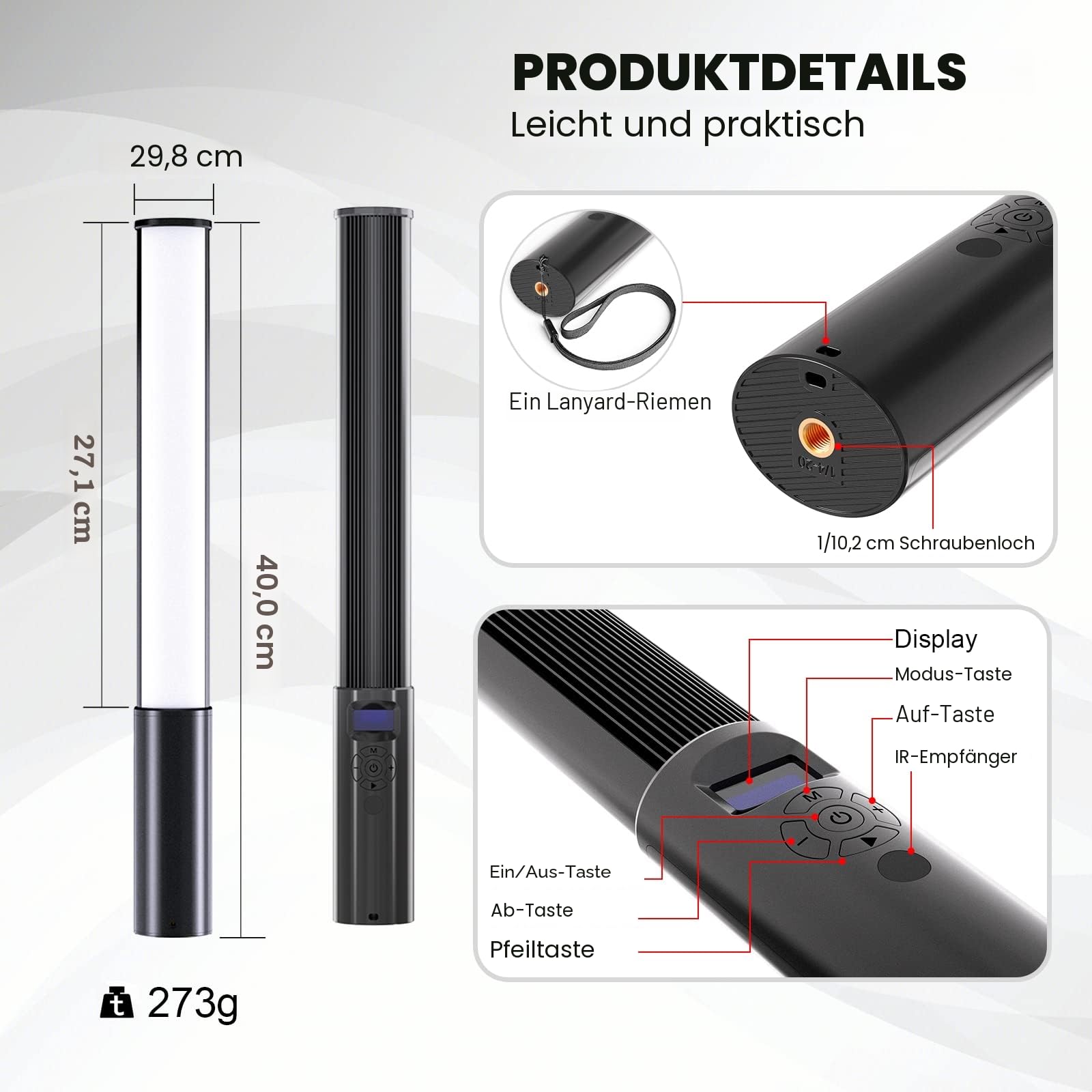 LUXCEO P400 LED Videoleuchte RGB Lichtstab Fotografie, 360° Volle Farbe RGB Tube Light, 500Lux@0.5m, 2500K-6500K, CRI95+, Helligkeit 0–100% einstellbar, 12 Effekte für Vlog,YouTube,Fotografie