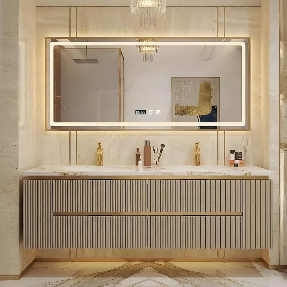 60 Inch Floating Double Sink Bathroom Vanity, Fluted & Solid Wood