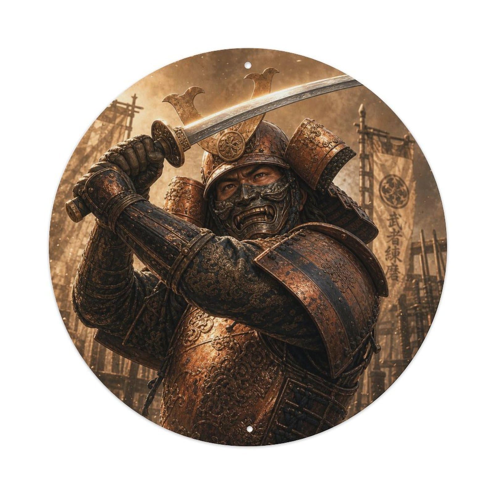 Okngb Style Copper Rust Upward Parry Motion Samurai Command Seal Metal Tin Sign Plaque Wall Decor For Cafe, Man Cave, Club Bar, Office, Home Garden Round Metal Poster 8X8inch