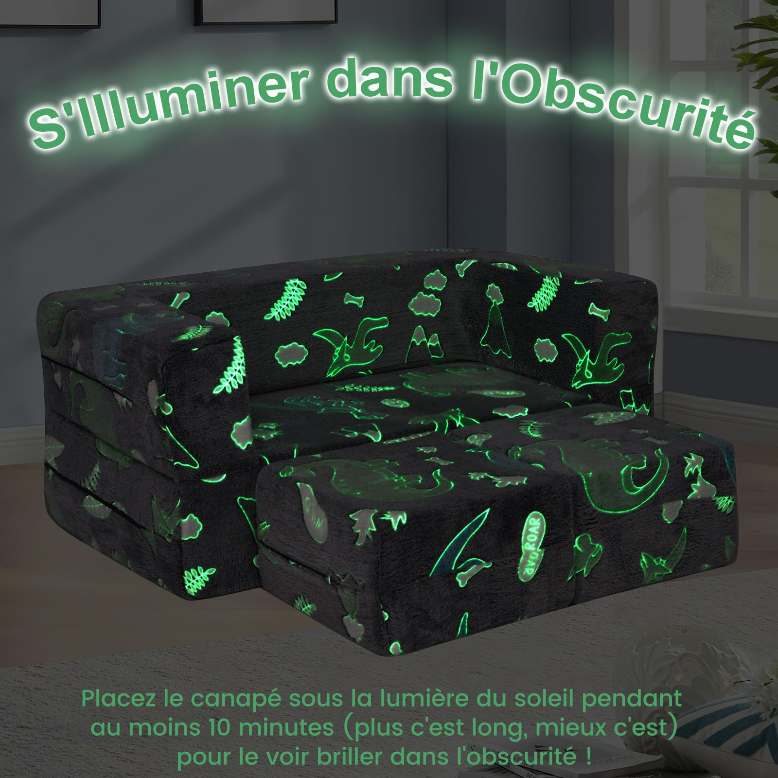 COSTWAY Canapé Enfant 2 Places Lumineux (Brillant dans Le Noir) avec Motif Dinosaure, Fauteuil Enfant Convertible en Tissu avec Housse Lavable, Canapé Modulaire Phosphorescent pour 3 Ans+
