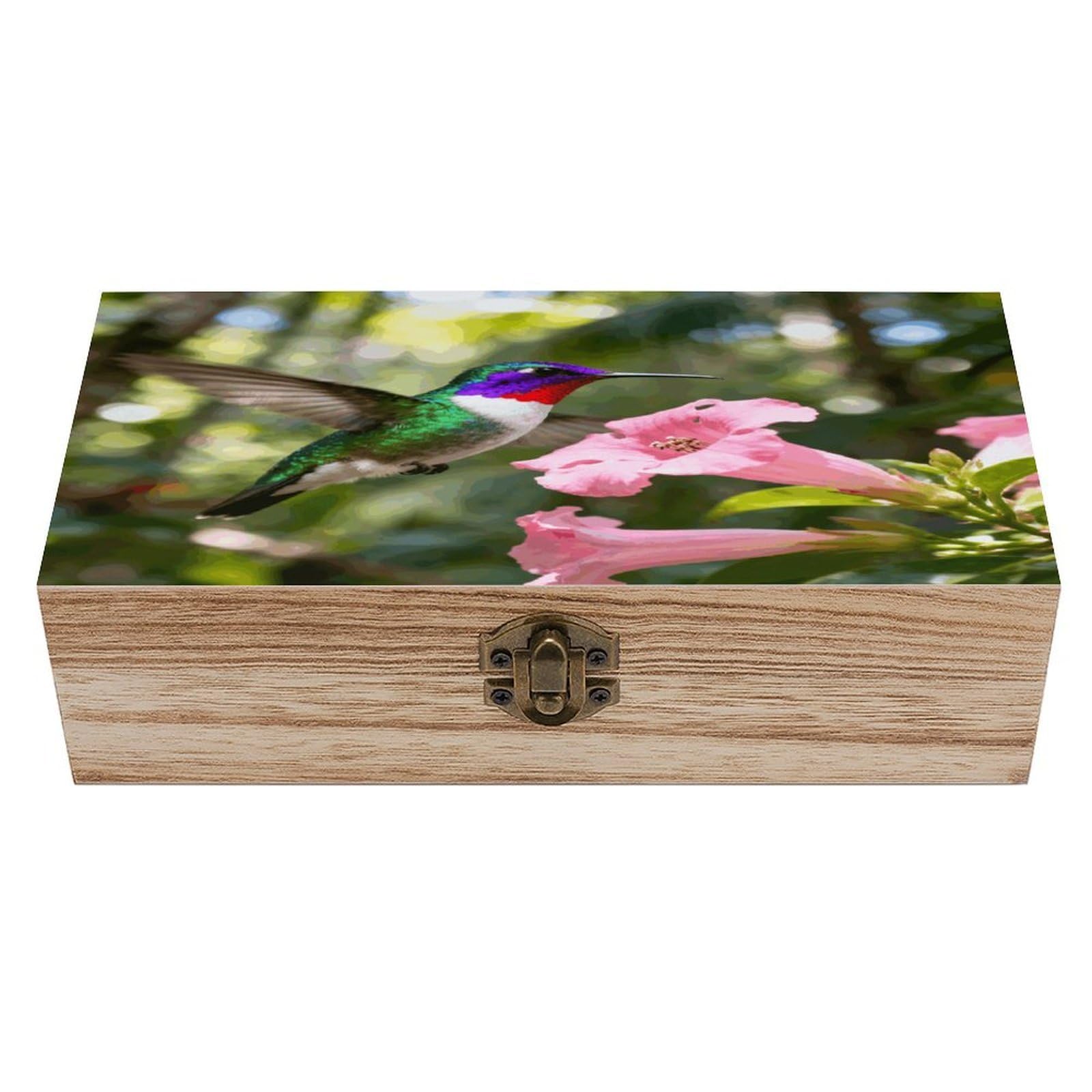 FekiLoot Natural Wooden Keepsake Box with Hinged Lid, 8x4 Inch Hummingbird Memory Box, Wood Jewelry Organizer & Trinket Holder, Gift for Men Women Anniversary Wedding