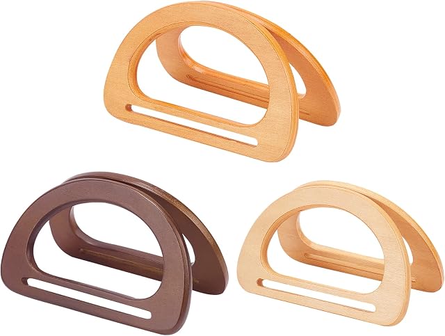 PandaHall 6pcs Wood Purse Handle, 3 Color Decorative Bag Handle Replacement D Shape Bag Handle Handmade Purse Handle Tool for Straws Beach Bags Canvas Handbags Making, 5.9 inch/15cm