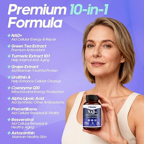 Miniatura 4 de Suplemento NAD+ con resveratrol Alternativa al suplemento NMN Energía celular avanzada, apoyo antienvejecimiento y mitocondrial con CoQ10,
