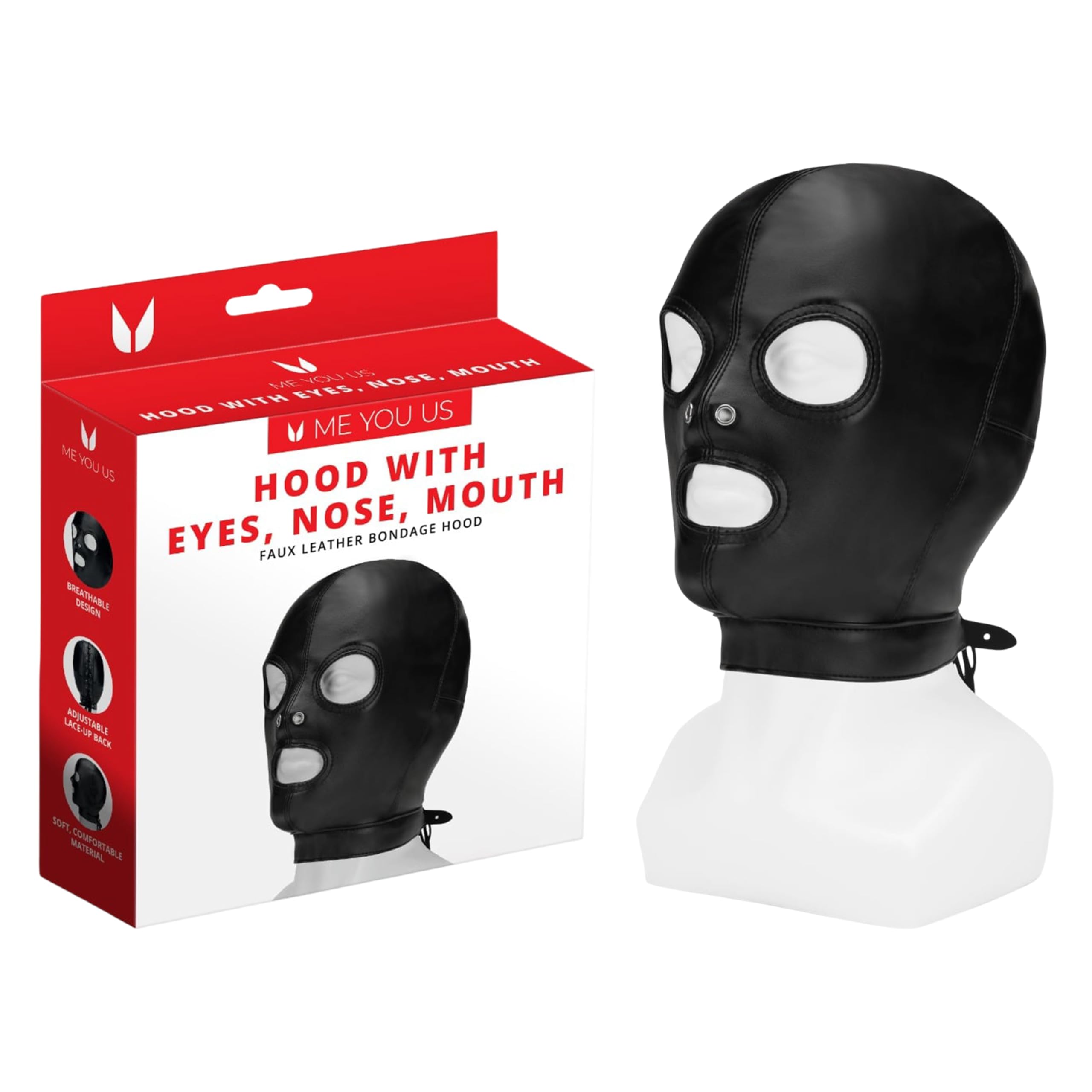 Me You Us Unisex Black Bondage Hood – Pu Leather Fetish Mask With Eyes, Nose & Mouth Openings – Sensory Deprivation Hood For Bdsm Roleplay, Kinky Restraint & Fetish Play