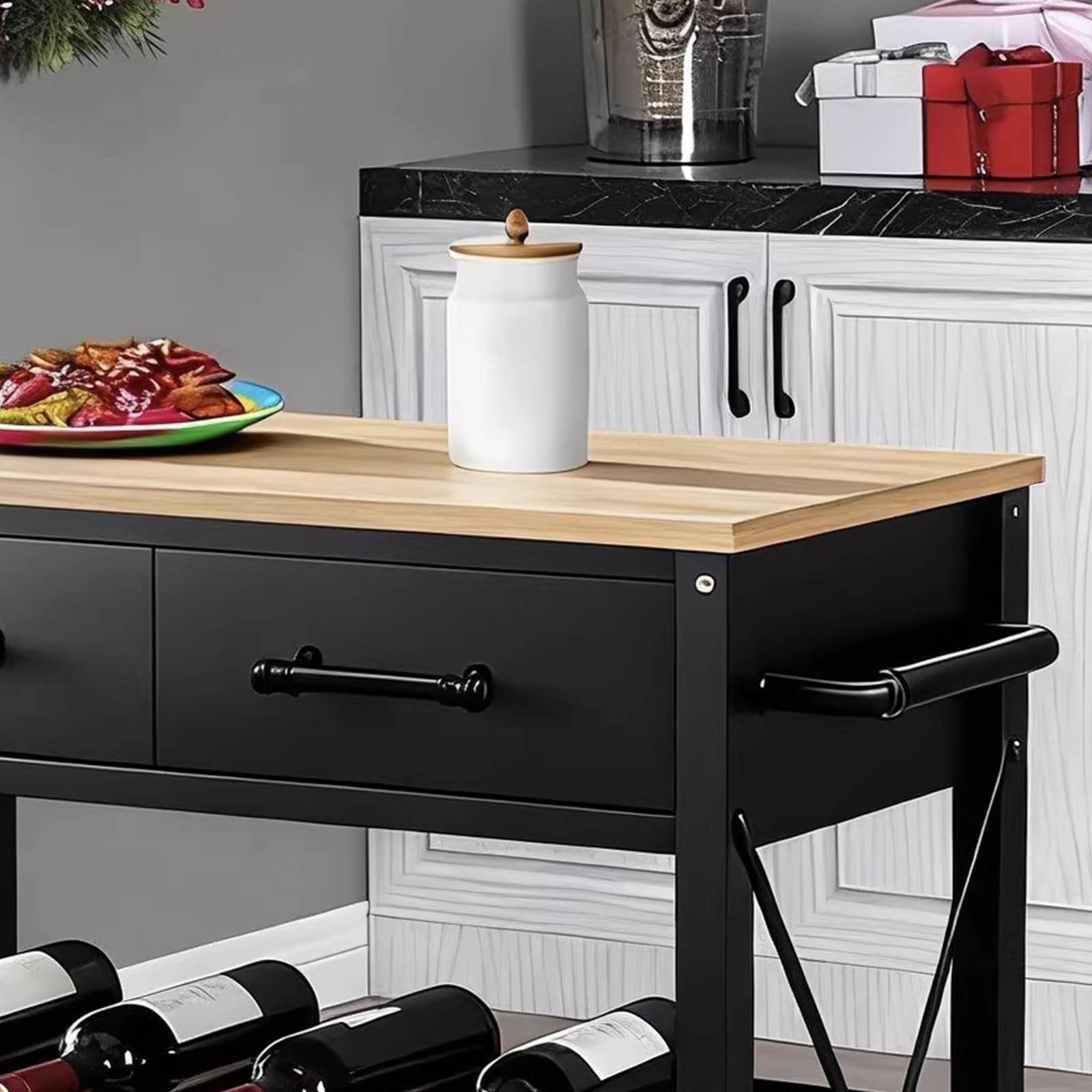 Mobile contenitore per cucina ad isola Carrello da cucina con rotelle for isola cassetti portaoggetti mobile ripiani aperti e piano in legno